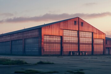 Obraz premium Sunset casting warm glow on a large industrial building in a quiet setting