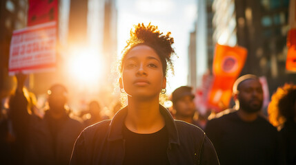 Portrait of young african american woman against crowd in background. Black History Month theme