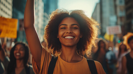 Smiling young african american woman raising her arm,  surrounded by crowd. Black History Month theme.