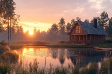Fototapeta premium Serene morning light illuminates a rustic cabin by a tranquil pond