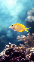 Obraz premium A vibrant yellow fish swims gracefully in an aquarium, surrounded by coral and a bluish background, creating a serene underwater scene.