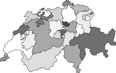 Blank outline map of Switzerland with all 26 cantons. Illustration made January 31st, 2025, Zurich, Switzerland.