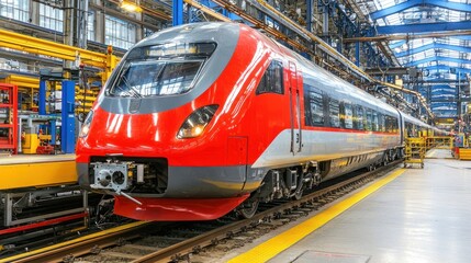 Obraz premium Modern High-Speed Train in Factory Setting