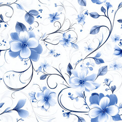 Beautiful blue floral pattern with delicate flowers and swirling vines, creating elegant and serene design. Perfect for textiles or wallpaper