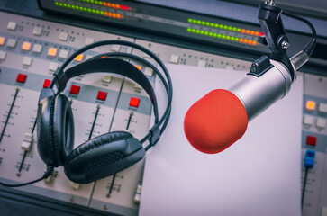 Professional microphone and sound mixer in radio station studio