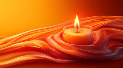 Lit Candle Rests Gently On Orange Fabric Drape