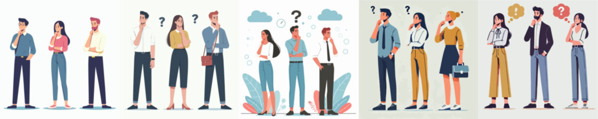 vector of three men and women in standing poses thinking