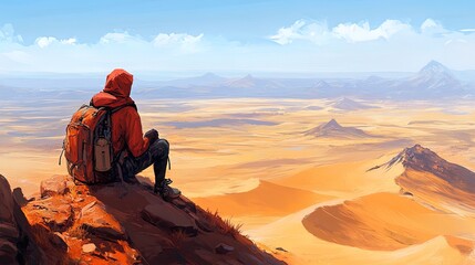 Backpacker overlooking a vast desert landscape with golden sand dunes and an endless horizon, sense of adventure  