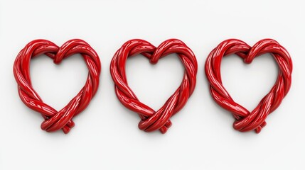 Three intertwined red hearts arranged in a row, symbolizing love and affection, perfect for romantic themes or celebrations.