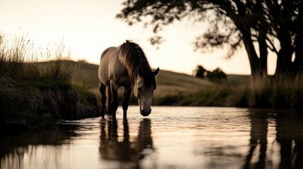 Obraz premium Horse grazes peacefully by tranquil river at sunset
