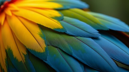 Obraz premium A Close-Up Of Vibrant Macaw Feathers Showcasing A Stunning Blend Of Blue Yellow And Green.