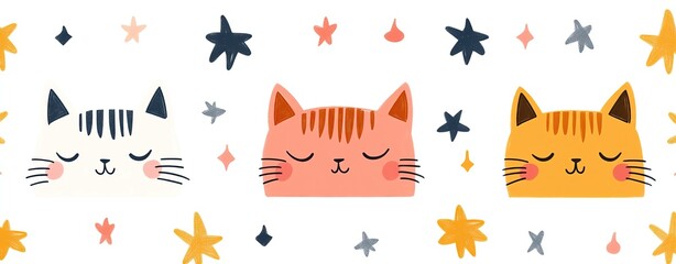cute pastel pet whimsical animal Cute illustrated cats with closed eyes and stars.