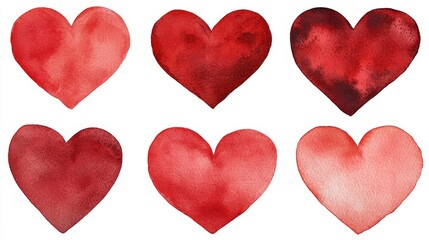 Fototapeta premium A collection of six watercolor hearts in various shades of red, showcasing a soft and artistic representation of love and affection.
