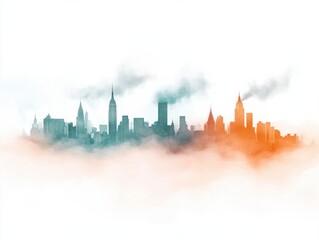 Obraz premium A stunning watercolor painting of an abstract urban skyline, with layers of blue and orange, evokes a calm and dreamlike cityscape shrouded in mist.