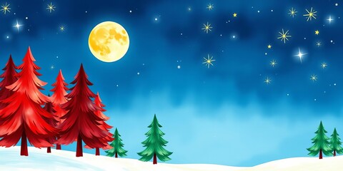 Naklejka premium Gold Christmas pine trees with shining stars and moon in watercolor blue yellow red holiday colors magic wonderland illustration kids cartoon wallpaper, red, moon, pine trees