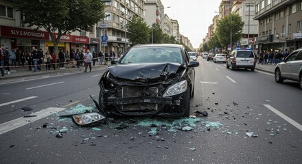A damaged black car after an accident on a busy city street