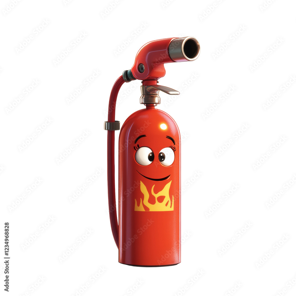 Poster a 3d rendered image of a happy fire extinguisher with a cartoon face and flames.