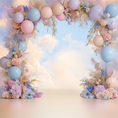 Easter Cake Smash with Pastel Balloon and Floral Arch Digital Backdrop