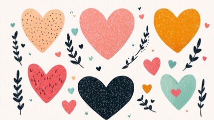 A colorful illustration featuring various heart shapes surrounded by leaves and smaller hearts, conveying a playful and affectionate theme.