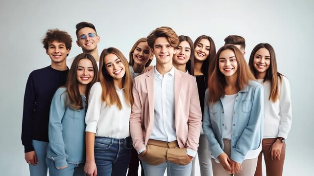 A group of young students, boys and girls from different backgrounds and ethnic cultures, happily pose for a photo, demonstrating friendship and teamwork, embodying the spirit of academic cooperation 