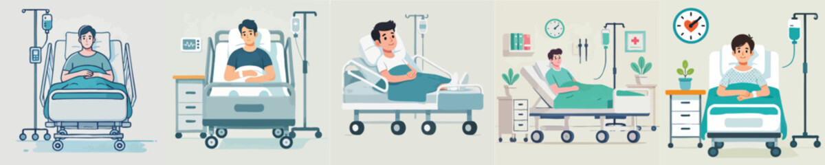 vector of a young man sleeping in a hospital bed