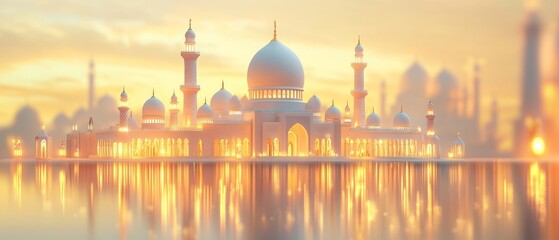 A Serene Sunset Illuminates A Stunning Mosque Reflected In Calm Water, Creating A Peaceful And Majestic Scene.