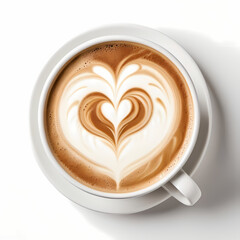 Overhead view of a white cup of latte coffee featuring a heart-shaped foam design, isolated on a transparent or white background