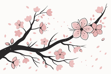  Cherry blossom branch, watercolor painting, ink splatter, delicate pink petals, black tree limbs, Japanese art style, ethereal, spring theme, minimalist composition, soft background, blooming flowers