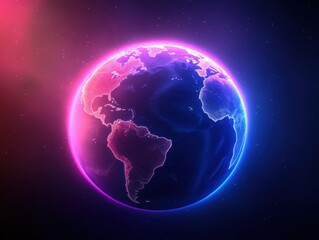 A vibrant digital depiction of Earth in neon colors against a cyber space-themed background, symbolizing the concept of the Metaverse.