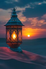 A Lit Lantern Sits In The Sand As The Sun Sets, Creating A Serene And Peaceful Atmosphere.