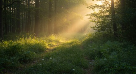 Obraz premium A serene forest scene with lush greenery, soft light filtering through trees