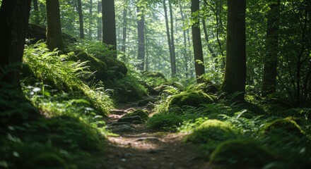 Obraz premium A serene forest scene with lush greenery, soft light filtering through trees