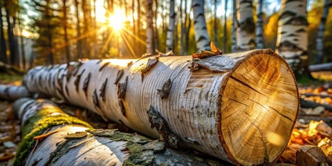 Fototapeta premium A felled birch tree trunk basks in the golden rays of the setting sun, surrounded by a forest of towering trees, its smooth bark contrasting with the rough texture of the exposed wood.