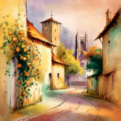 Vibrant watercolor painting of a charming European village street. Watercolor painting of a cobblestone path in an old European village