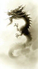 Obraz premium A traditional Chinese-style dragon illustration, depicted flying amidst clouds, showcasing intricate scales and an elegant, mystical appearance.