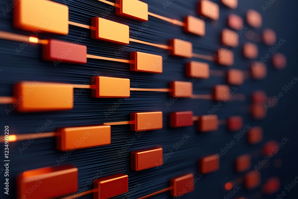 Poster abstract digital artwork featuring interconnected orange rectangles on dark background, symbolizing 