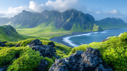 A mountain range with a beach in the distance. The mountains are covered in green grass and the beach is rocky. The sky is blue and there are clouds in the background. The scene is peaceful and serene