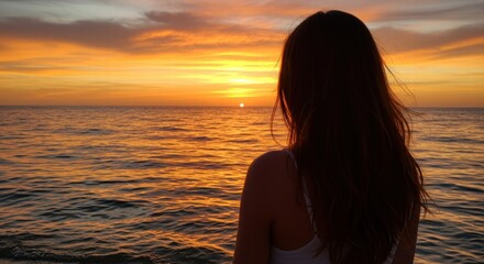 Fototapeta premium A woman gazing at a stunning sunset over the ocean, capturing the beauty of nature and peaceful reflection