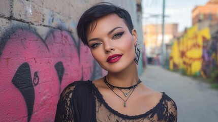 Naklejka premium Young caucasian female model with short hair and stylish makeup posing outdoors in urban graffiti alley