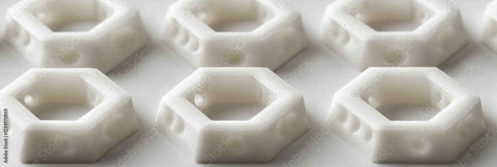 Poster hexagonal white plastic components arranged neatly on a flat surface for manufacturing purposes. gen