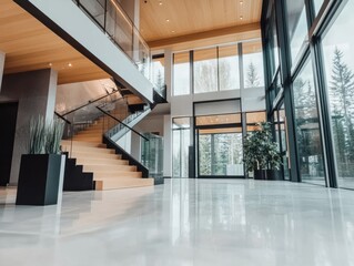Obraz premium A modern interior with a sleek wooden staircase and large windows offering a view of trees outside. The design is minimalist and spacious, emphasizing natural light.