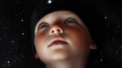 Curious caucasian child gazing at starry night sky