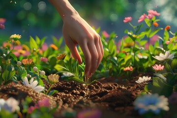Fototapeta premium A hand carefully planting a seed in a vibrant flower garden, symbolizing growth.