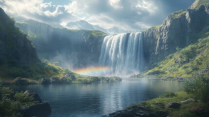 Fototapeta premium Scenic waterfall with rainbow reflecting in the mist, surrounded by lush nature, breathtaking and tranquil 