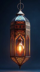 Obraz premium An Ornate, Hanging Lantern Glows With A Warm, Inviting Light Against A Dark Background. It Evokes A Sense Of Mystery And Elegance.