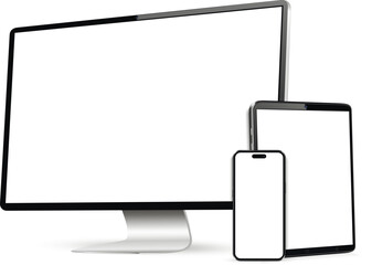 Modern laptop mockup front view with smartphone and tablet mockup isolated on white background