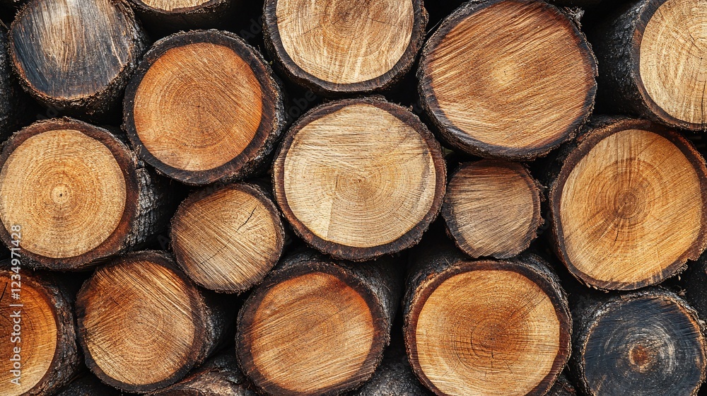 Poster close-up of stacked tree logs, showcasing their circular cross-sections and rich texture, highlighti