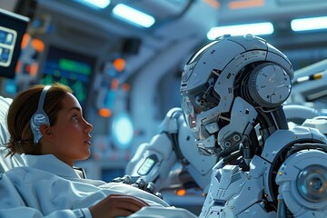 Fototapeta premium A humanoid robot interacts with a patient in a futuristic medical setting.