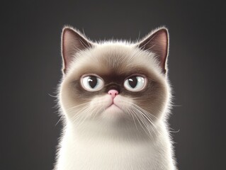 A digitally illustrated grumpy cat with large blue eyes and a fluffy coat on a transparent background, exuding an adorable yet moody expression.