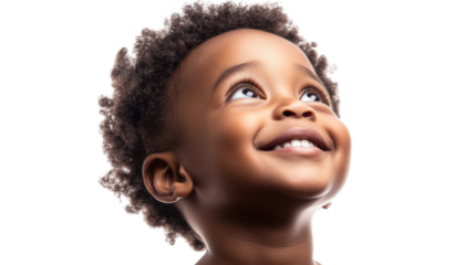 Smiling black child looking up with hope on transparent background